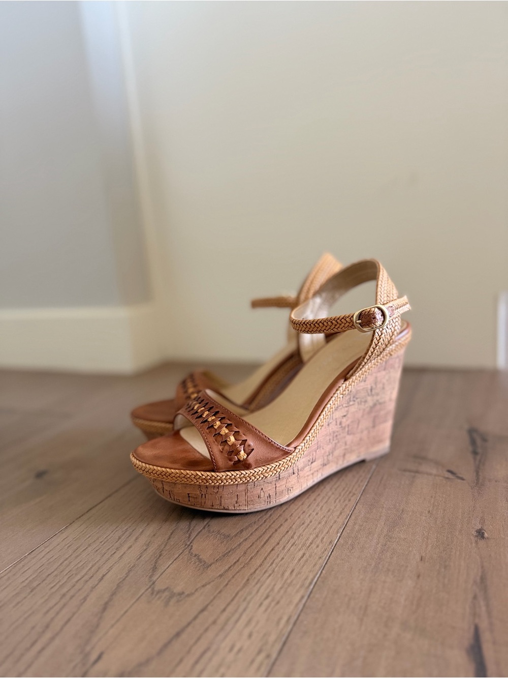 Chinese Laundry Wedge Sandals with Ankle Strap in Tan
